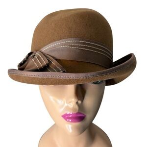 Vintage Brown Felt Bowler Hat Fedora Asymmetrical Bow 30’s 40’s 50’s